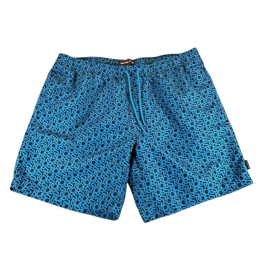 Michael Kors Sz XXL Mens Swim Shorts Allover AOP Logo Spelling BLUE Black